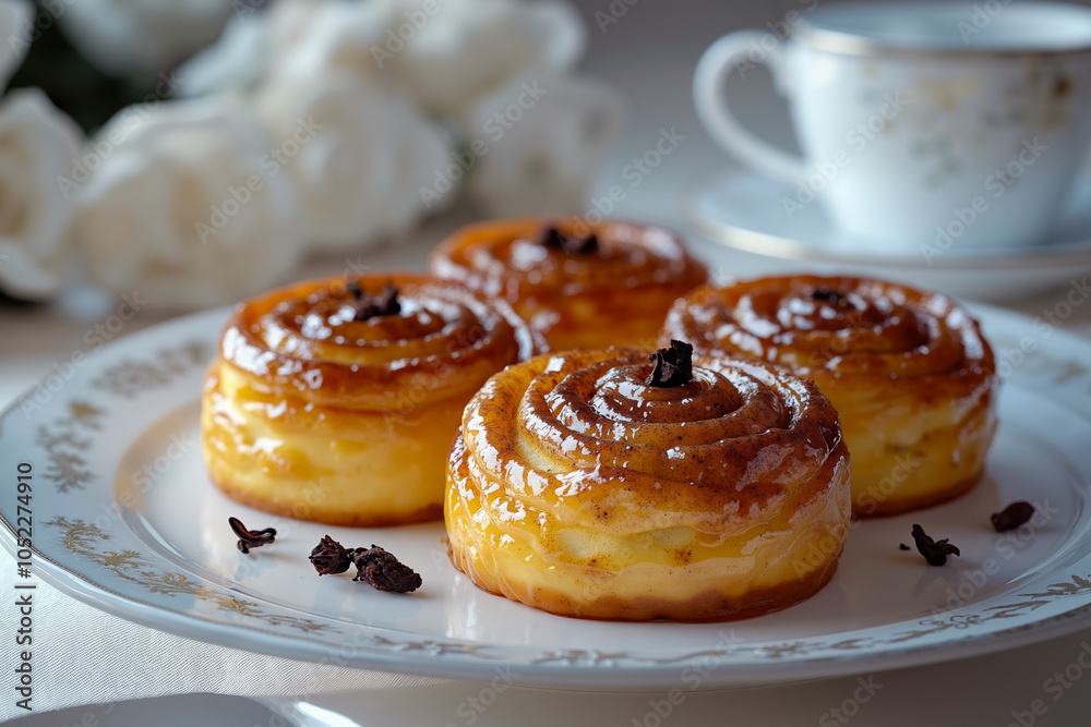 A plate of four cinnamon rolls with icing and a sprinkle of cinnamin on a white tablecloth A plate of four cinnamon rolls with icing and a sprinkle of cinnamin on a white tablecloth