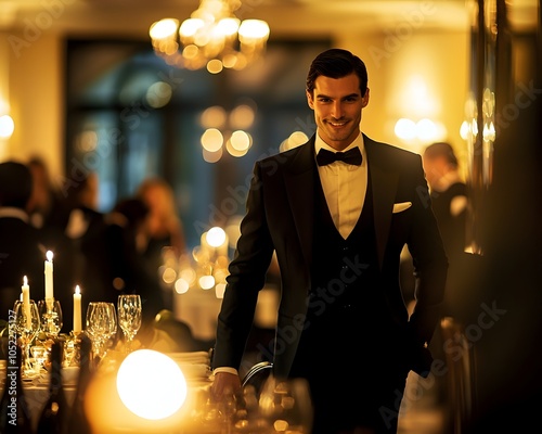 Matre d  Welcoming Guests to an Elegant Candlelit Restaurant Dining Experience photo