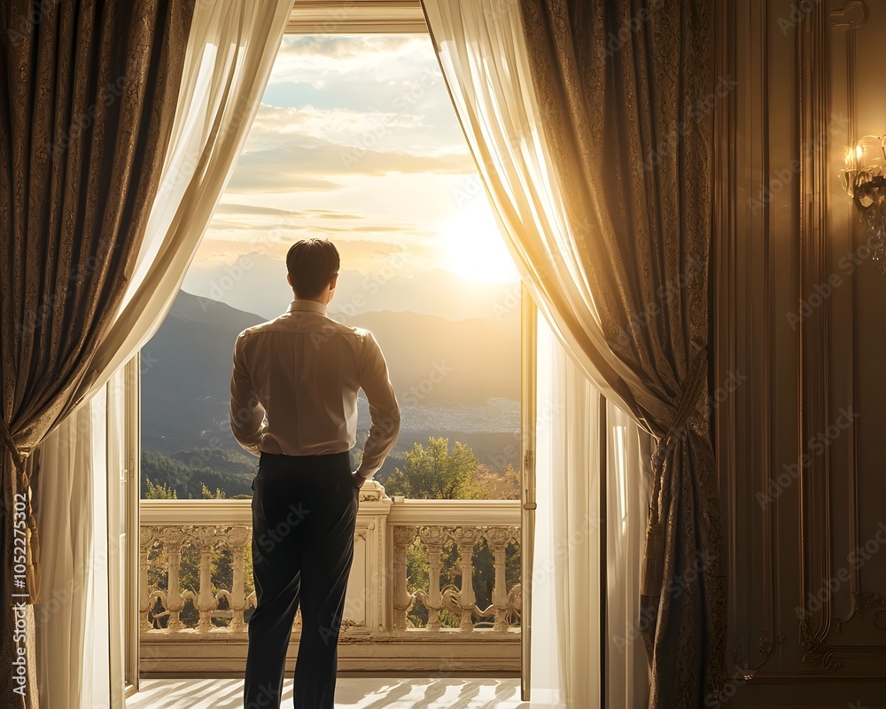 Naklejka premium A Hotel Staff Member Drawing Back Curtains in a Luxurious Suite to Reveal a Breathtaking Mountain Landscape at Dawn