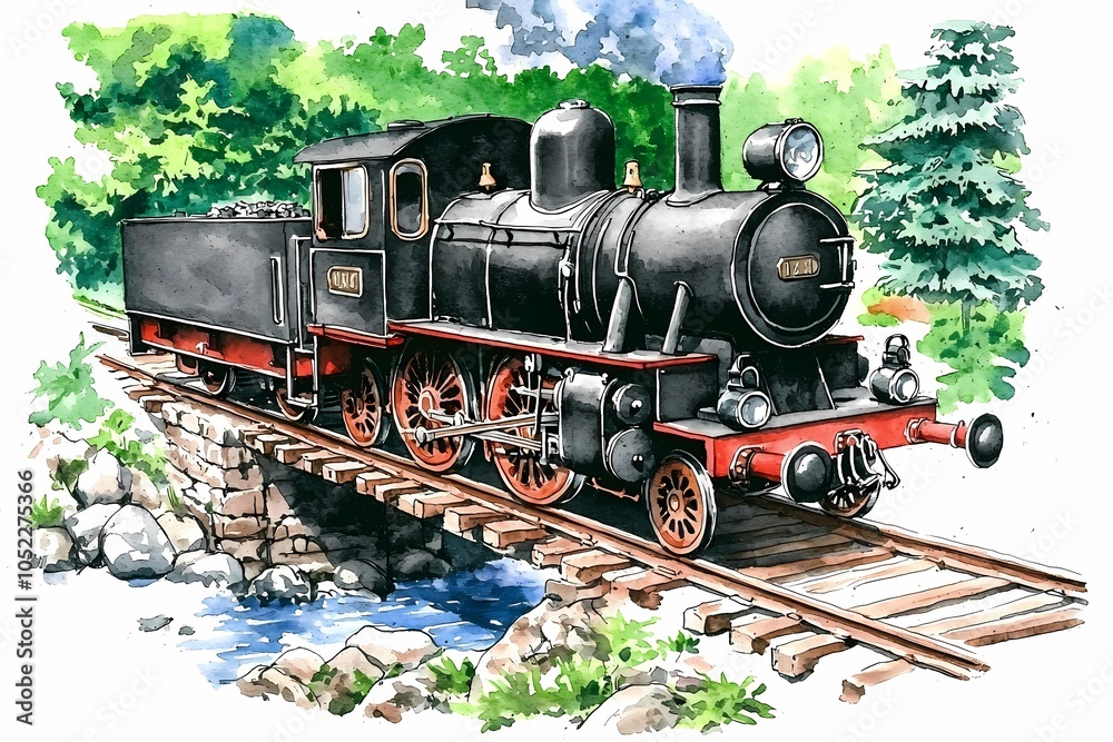 Fototapeta premium Vintage Steam Train Crossing Quaint Bridge Over River