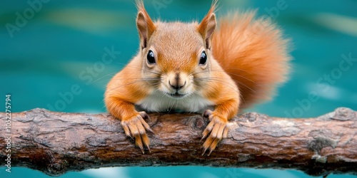 Cute Red Squirrel Perched on Branch with Blue Background   Wildlife Photography photo