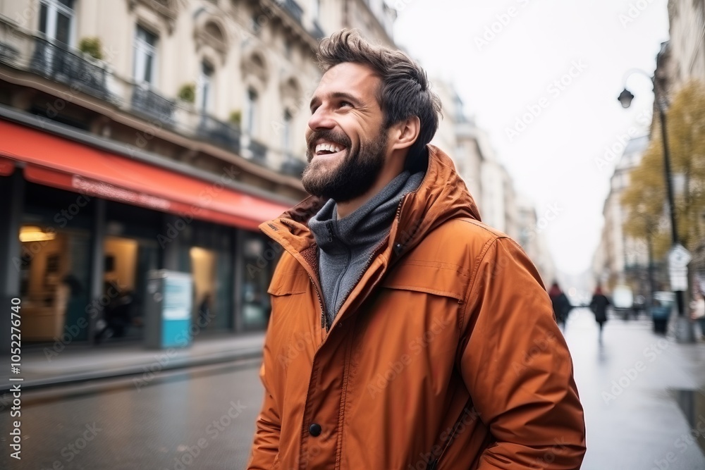 Portrait of a handsome young man with beard and coat in the city Portrait of a handsome young man with beard and coat in the city