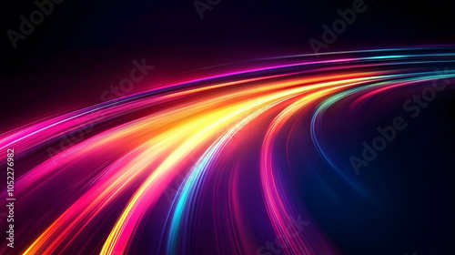 A vibrant night scene featuring a glowing car racing down a colorful road, with abstract patterns and flashes of light creating a dynamic sense of speed and motion