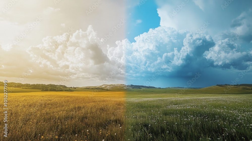 Collage of natural landscapes with the sky changing from clear to cloudy generative ai Collage of natural landscapes with the sky changing from clear to cloudy generative ai