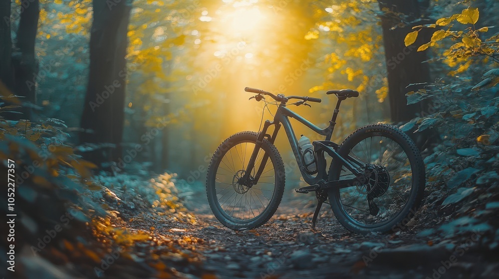 Obraz premium mountain bike parked on a rugged dirt path, surrounded by dense green trees and vibrant foliage, under the soft glow of sunlight, inviting adventure and outdoor exploration in a serene setting