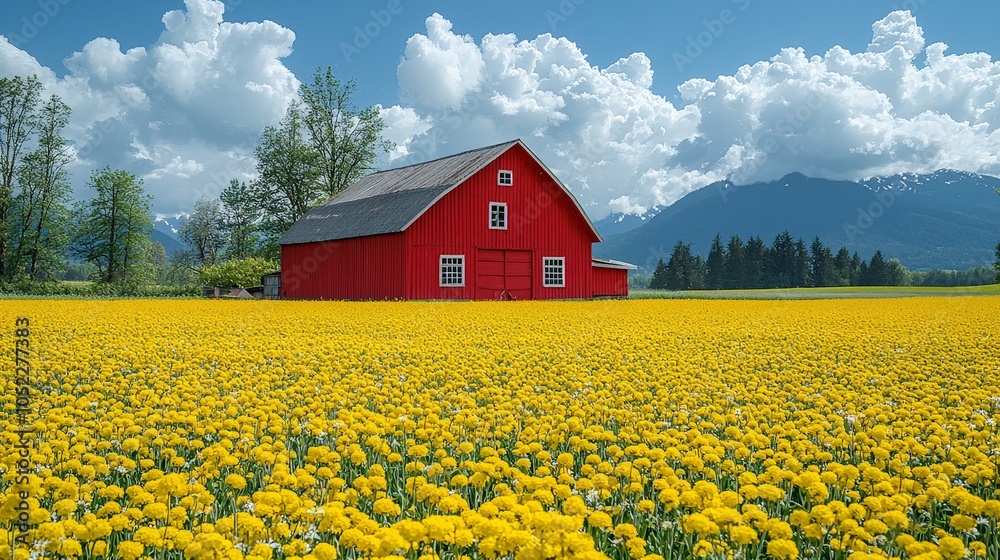 A vibrant red barn surrounded by a field of yellow flowers under a blue sky with clouds. A vibrant red barn surrounded by a field of yellow flowers under a blue sky with clouds.