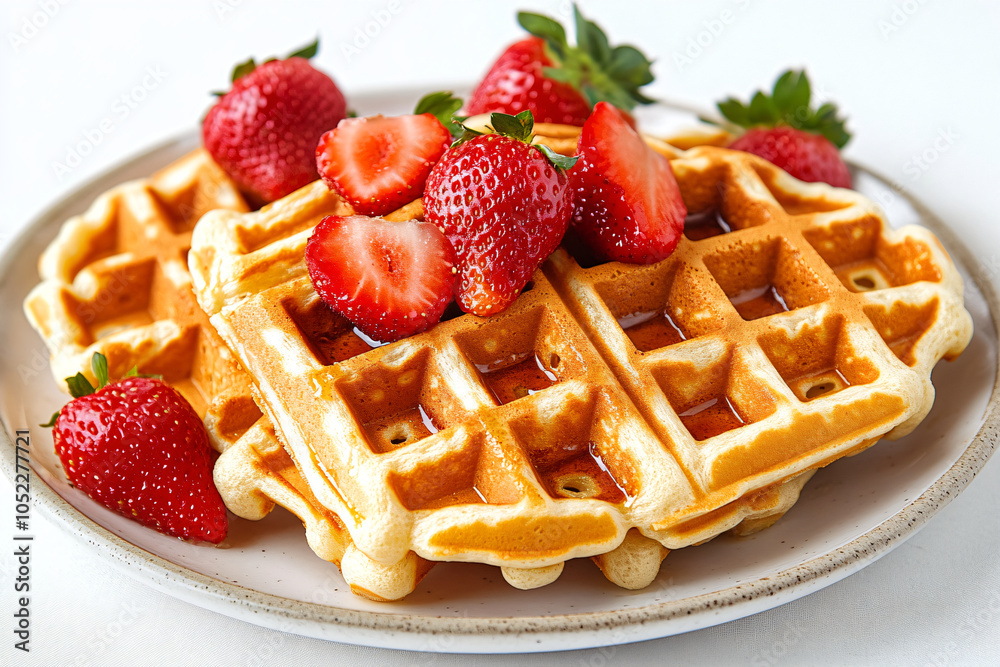 Delicious golden Viennese or Belgian waffles topped with fresh berries and strawberries on plate. Cozy lazy morning homemade recipe baking breakfast. Sweet dessert Delicious golden Viennese or Belgian waffles topped with fresh berries and strawberries on plate. Cozy lazy morning homemade recipe baking breakfast. Sweet dessert