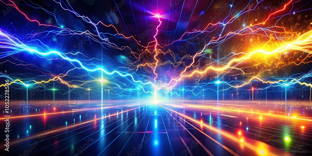 Fototapeta premium Abstract Lightning Glow Lines with Data Visualization on Dark Background for Science and Technology Concepts