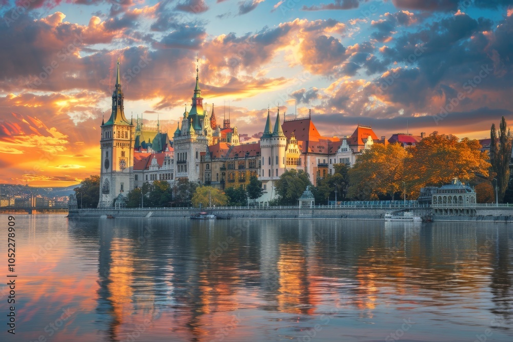 Obraz premium Beautiful sunset over a historic castle by the river, showcasing vibrant colors and reflections in the water
