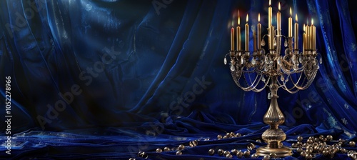 Elegant Hanukkah Banner with Golden Menorah on Rich Velvet Background for Holiday Decor photo