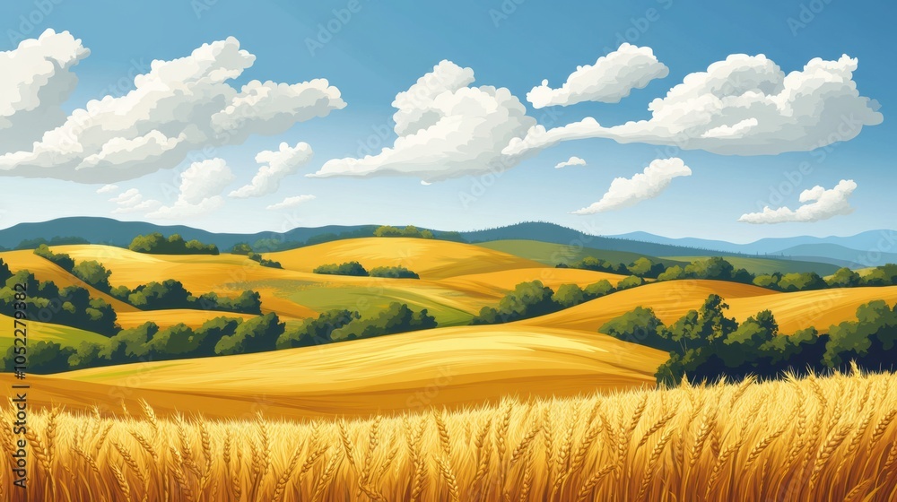 Fototapeta premium Golden Wheat Fields Amidst Rolling Hills in a Serene Rural Landscape