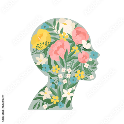 Silhouettes of beautiful woman, with flowers and vegetation inside them. Green thinking concept, card design. Creative fantasy thinking vector illustration. World Mental Health Day.