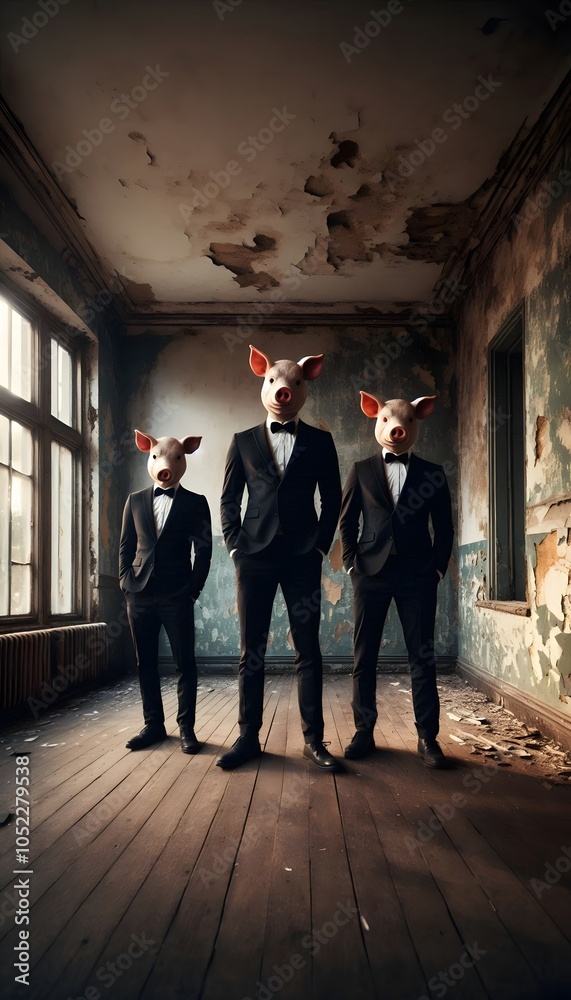 Three men in suits with pig heads in an abandoned room Three men in suits with pig heads in an abandoned room
