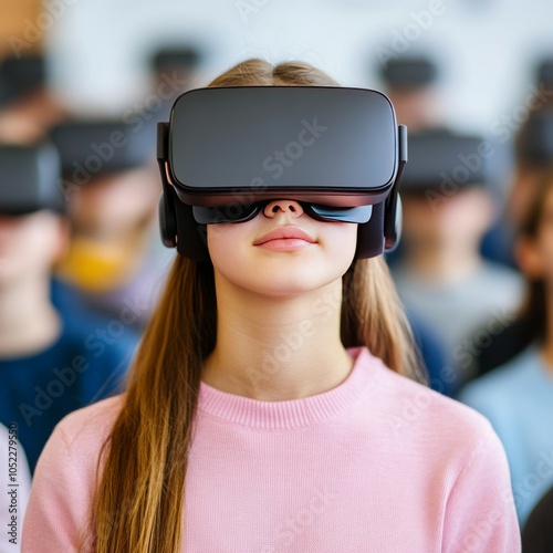 A group of individuals wearing virtual reality headsets in a classroom setting.