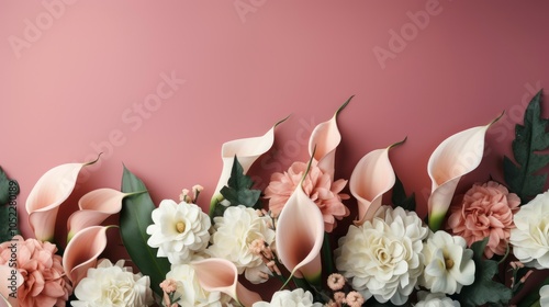 floral arrangement with calla lilies and delicate petals on a pink background. Bottom row with space for text