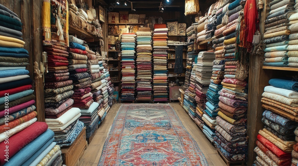 Fototapeta premium A narrow, well-stocked fabric shop with rows of colorful bolts of fabric on shelves lining the walls.