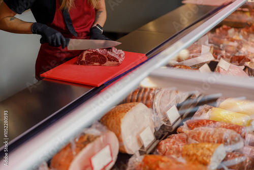 In a wellorganized shop, a highly skilled butcher meticulously prepares outstanding highquality meat cuts photo