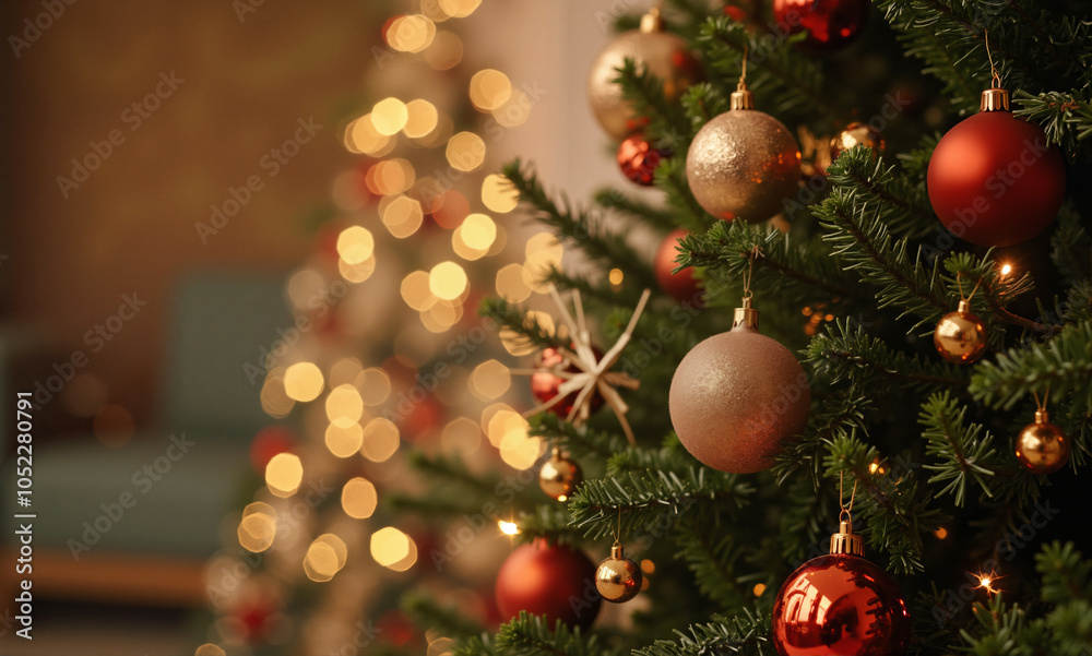 A close up of a Christmas tree decorated with red and gold ornaments, standing in front of a blurred background.