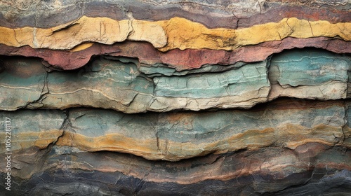 Colorful layered sedimentary rock showcasing natural variations in hues, revealing geological history and formation processes