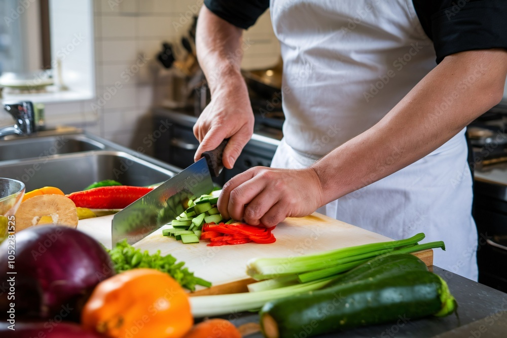 Chef Slicing Fresh Vegetables in a Modern Kitchen Chef Slicing Fresh Vegetables in a Modern Kitchen