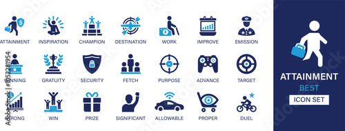 Attainment best solid icon set collection. Inspiration, champion, destination, work, improve, emission, winning, gratuity, security, target and vector illustration.