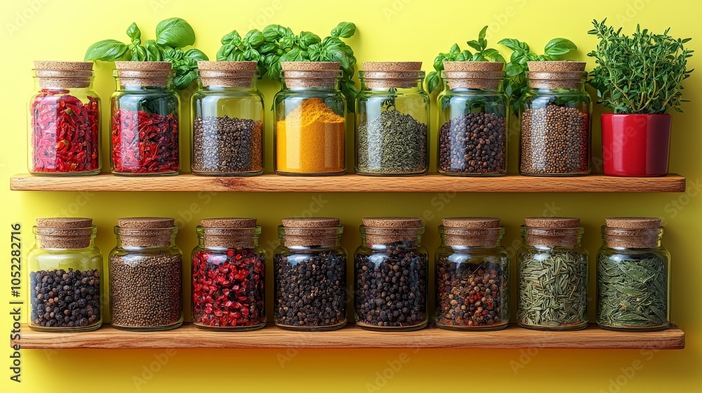 A vibrant spice rack showcasing various herbs and spices in glass jars on a wooden shelf. A vibrant spice rack showcasing various herbs and spices in glass jars on a wooden shelf.