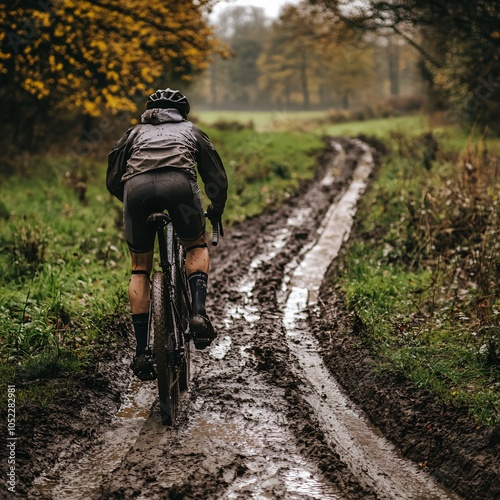 Rugged cycling adventure through muddy trails in autumn landscape