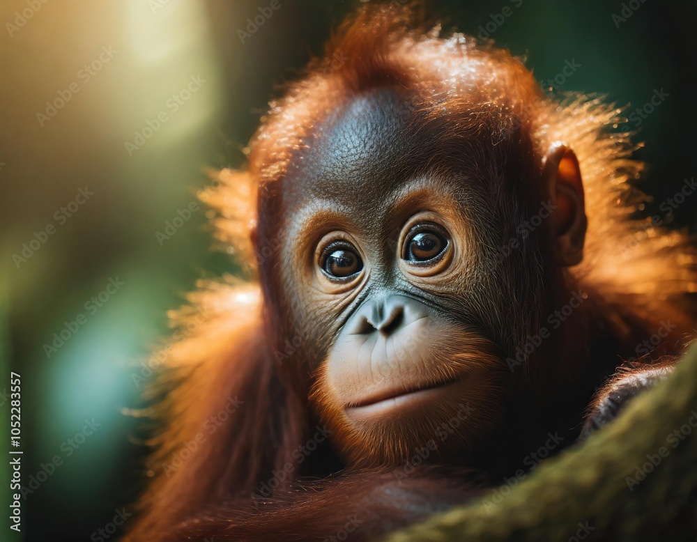 Baby orangutan with a red face. It is looking at the camera. Professional animal portrait Baby orangutan with a red face. It is looking at the camera. Professional animal portrait