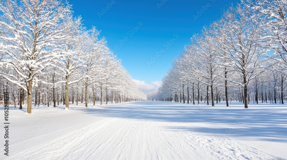 Naklejka premium Snowy landscape with trees and blue sky, serene winter scenery.