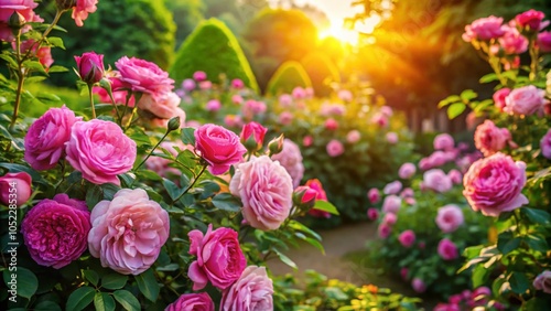 Aerial Photography of Vibrant Pink Roses in a Lush Garden - Nature's Beauty Captured from Above