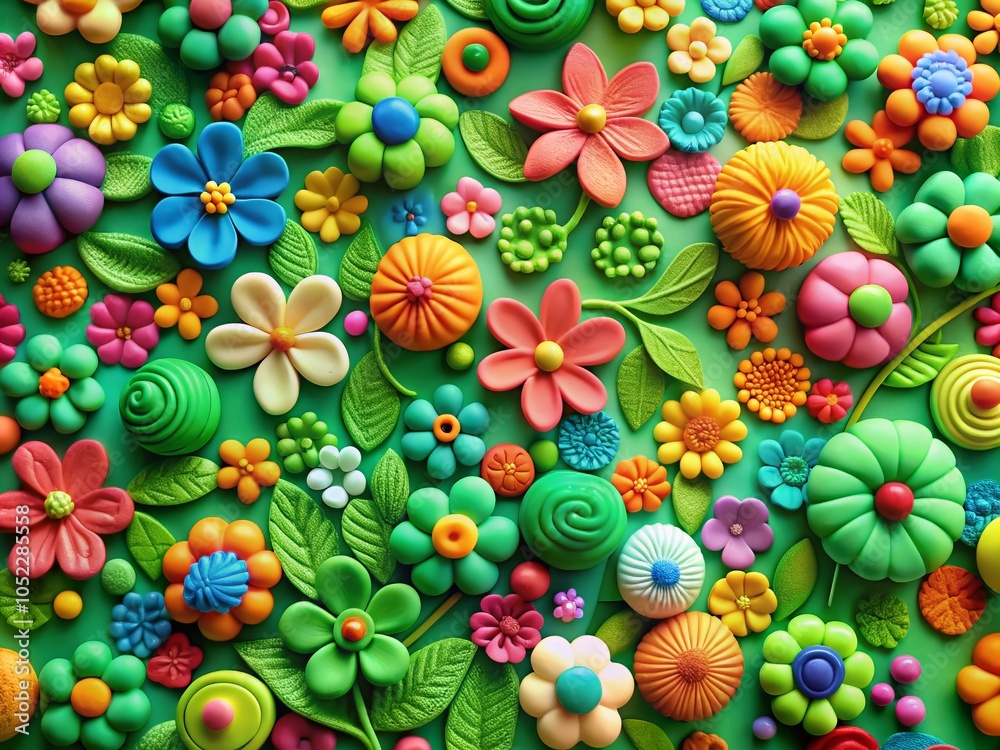 Aerial View of 3D Plasticine Pattern Featuring Charming Flowers and Clover for Creative Design Projects Aerial View of 3D Plasticine Pattern Featuring Charming Flowers and Clover for Creative Design Projects