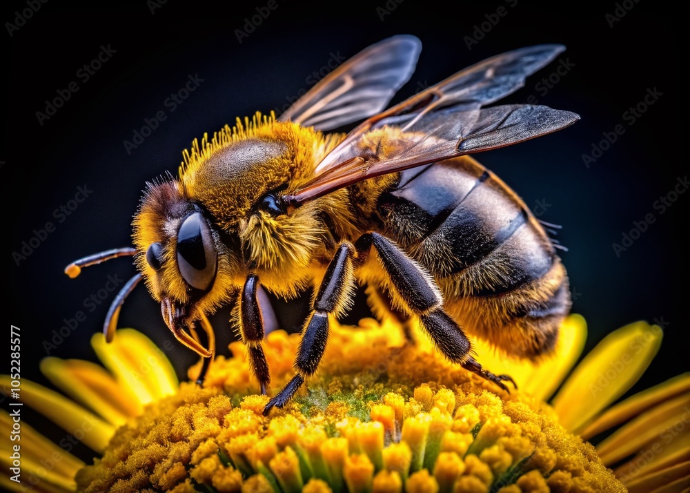 Aerial View of a Bee on a Vibrant Yellow Flower Against a Dark Background Aerial View of a Bee on a Vibrant Yellow Flower Against a Dark Background