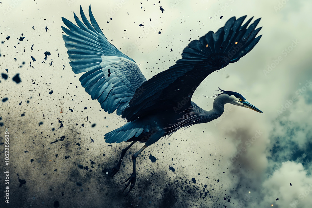 Fototapeta premium A blue heron in flight with a dramatic sky background