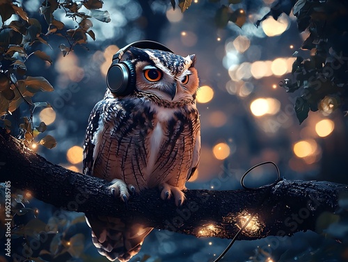 Curious Owl Wearing Retro Headphones Perched on Tree Branch at Night with Glowing City Lights photo