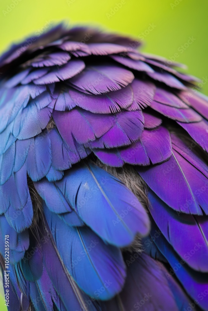 Obraz premium A detailed view reveals the stunning iridescence of feathers with blue and purple hues, set against a blurred green backdrop
