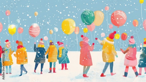 A festive hand-drawn New Year's parade with colorful balloons in a snowy setting celebrating the arrival of the new year