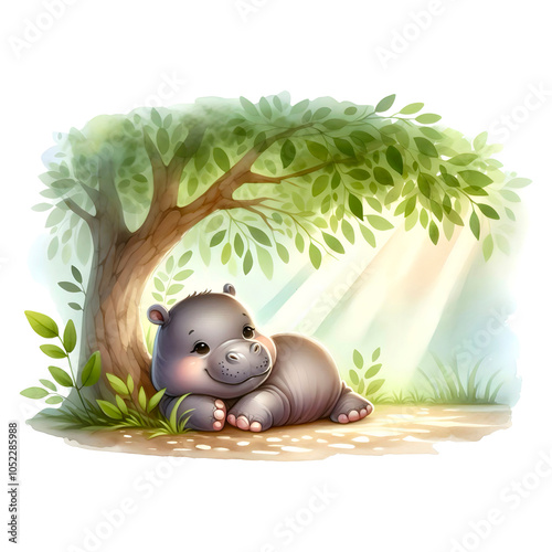 Pygmy hippo sleeping under a tree photo