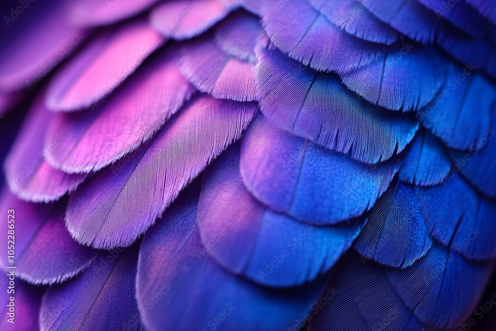 Obraz premium A stunning display of closely arranged feathers with rich blue and purple hues illuminated by soft afternoon light