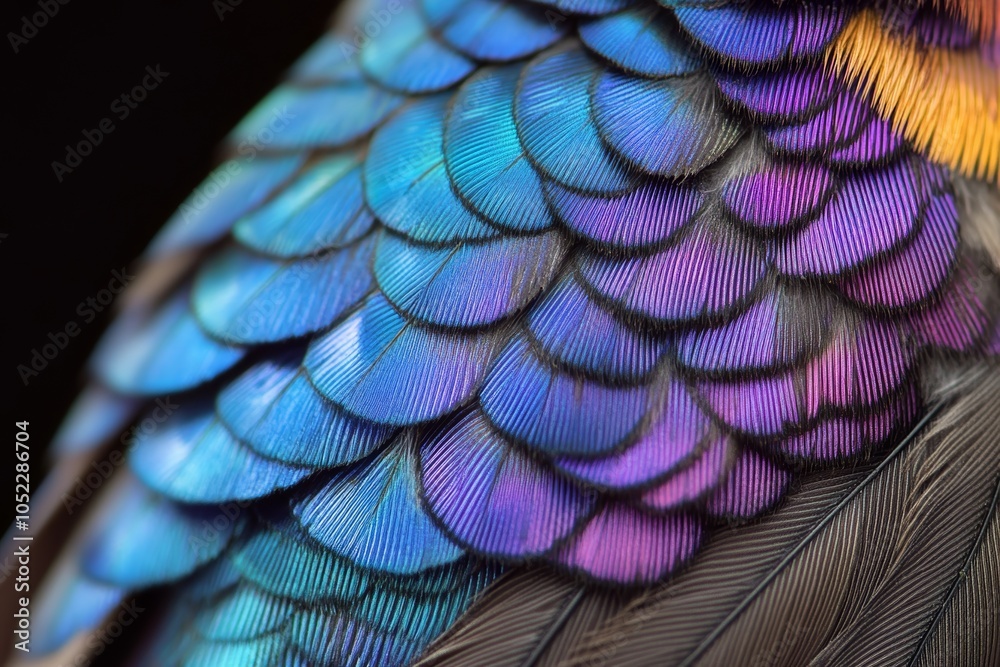 Obraz premium A close-up of a hummingbird's iridescent feathers displaying vibrant blue and purple colors under natural daylight, highlighting intricate patterns