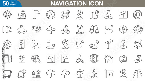 Navigation line icons set. Home, search, map, pin, arrow, GPS, settings, notifications and more. vector illustration.