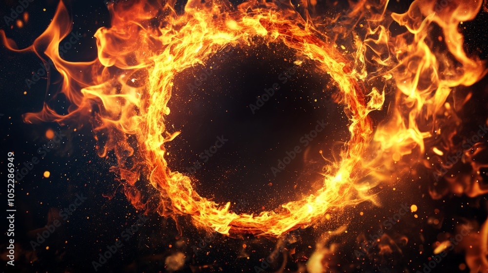 Fototapeta premium Flaming circular fire frame, isolated on a black background generative ai