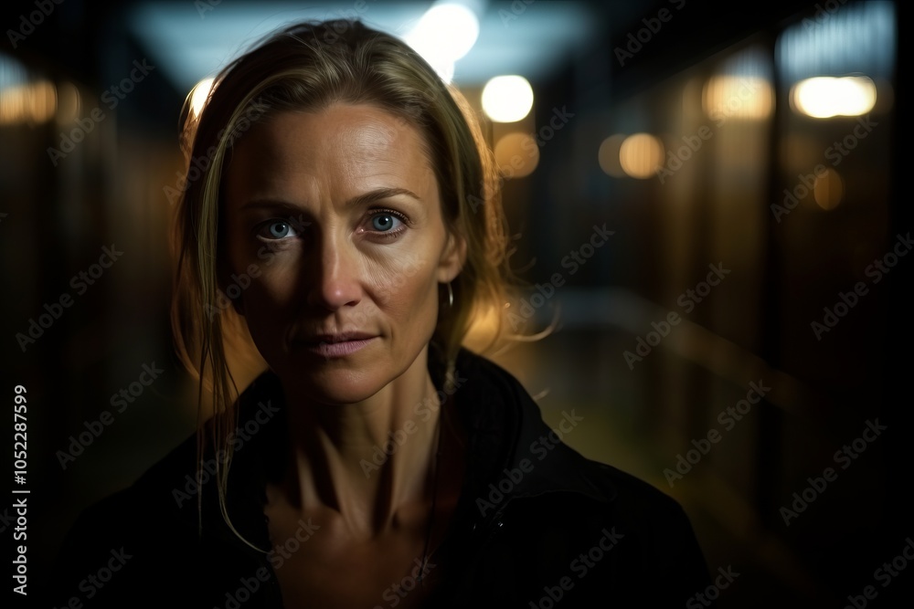Portrait of a beautiful woman in a dark corridor with lights in the background Portrait of a beautiful woman in a dark corridor with lights in the background