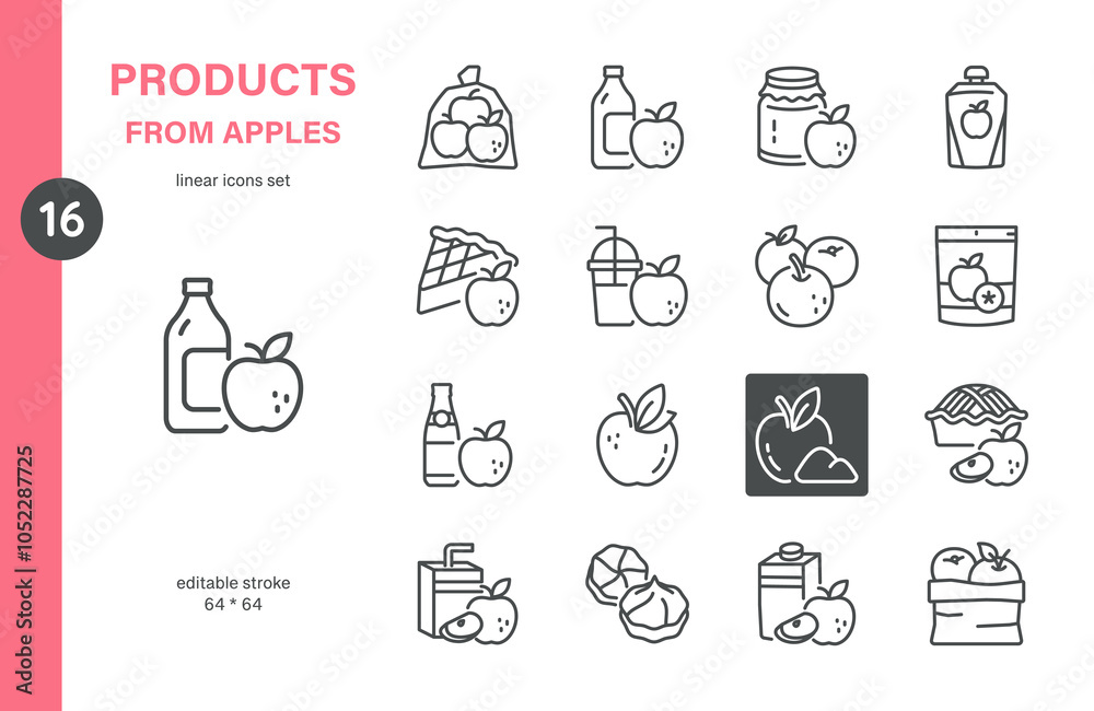 Naklejka premium Simple Set of Apple Products Vector Line Icons. Contains such Icons as Apple Juice, Cider, Vinegar, Jam, Pie and more. Editable Stroke. Pixel Perfect Vector.