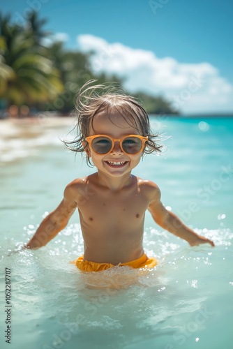 A little boy in a yellow swimsuit and sunglasses in the water