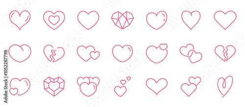 Heart Icon Set. Thin Line Symbols of Various Heart Shapes: classic, inner, geometric, curved, minimal, broken, connected, dual, hollow, cracked, overlap, fractured, embracing, twisted love vector