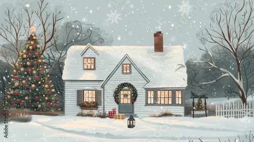 A cozy hand-drawn cottage amidst falling snow, adorned with festive decor and a cheerful Christmas tree in winter photo