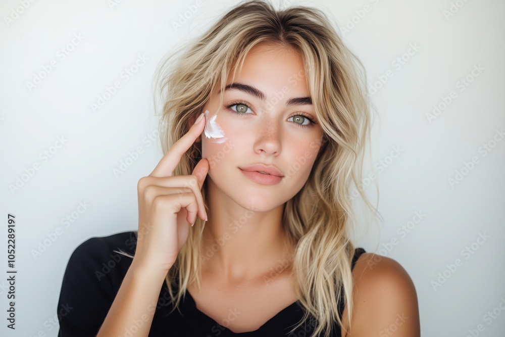 beautiful woman applying cream on her cheek beautiful woman applying cream on her cheek