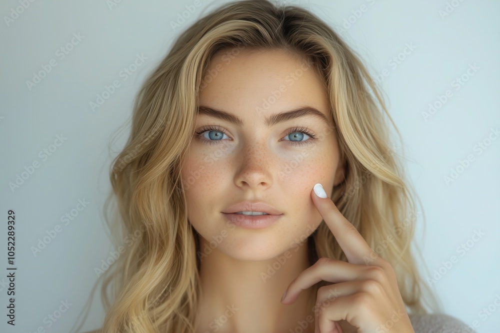beautiful woman applying cream on her cheek beautiful woman applying cream on her cheek