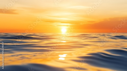  Golden sunset over calm water, reflection during summer evening