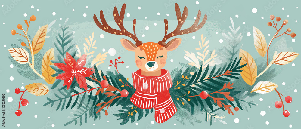 Fototapeta premium Cute Reindeer Wearing Red Striped Scarf In Winter